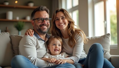 Fototapeta premium Smile, family and portrait on shoulder by sofa for weekend fun, happiness and bonding together. Playful, mom and dad with daughter in living room for support, care and love at home on fathers day