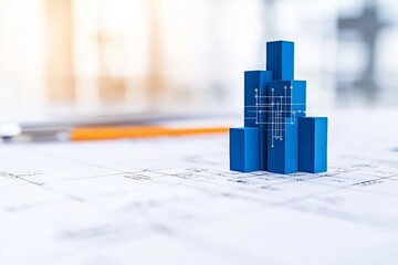 Stylized blue building blocks on architectural plans, symbolizing construction and design innovation in urban development.