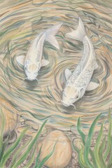 Obraz premium Dance Four vibrant koi fish, with their scales shimmering in the light, dance gracefully in a vibrant red water, creating a captivating and serene scene.