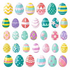 1. Colorful Easter eggs collection, pastel colors, various patterns and designs, stripes, dots, flowers, swirls, geometric shapes, blue, pink, yellow, green eggs, decorated eggs arranged in rows,