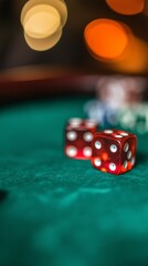 Red and white dice placed on a green casino table, capturing the excitement and tension of gambling, with vibrant colors and a focus on chance and luck in a casino setting.