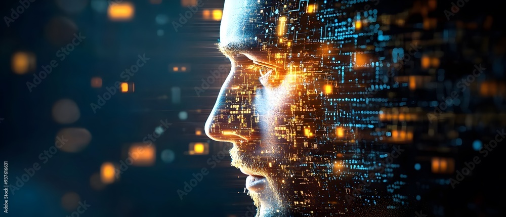 Poster man's face merging with circuitry and lights.