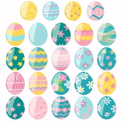 3. Easter eggs in vibrant pastel colors, adorned with various patterns and designs, stripes, dots, floral motifs, swirls, geometric shapes, blue, pink, yellow, green eggs, organized in rows, festive
