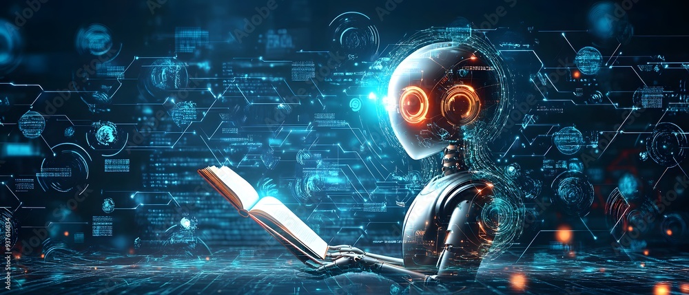 Poster robot reading a book in a digital world.