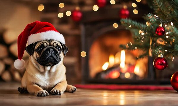 Cute Pug Puppy Dog in Santa Hat by Christmas Tree, Fireplace and Christmas decor Holiday background	