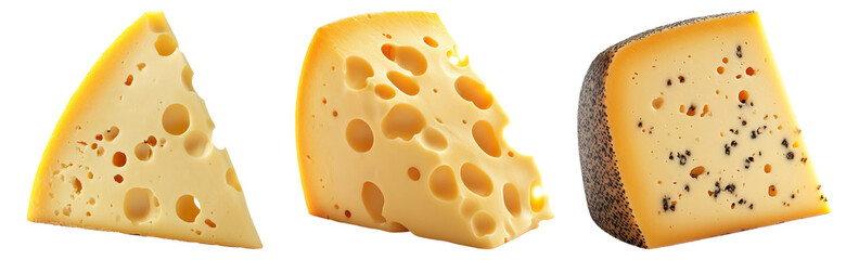 Various types of cheese set isolated on transparent background with different shapes and textures