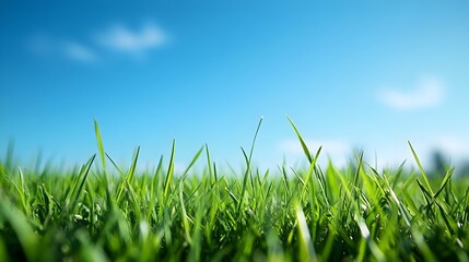 Obraz premium Close up View of Lush Green Grass Under Bright Blue Sky with Clouds