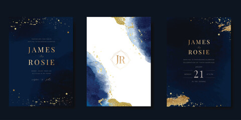 Luxury invitation card design vector set. Elegant wedding card with little star moon sun and space decorative on watercolor navy blue background. Design illustration for cover, poster, gala.