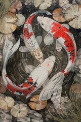 Dance Four vibrant koi fish, with their scales shimmering in the light, dance gracefully in a vibrant red water, creating a captivating and serene scene.