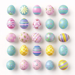 4. Array of colorful Easter eggs, pastel tones, featuring patterns like stripes, dots, flowers, swirls, geometric shapes, eggs in blue, pink, yellow, green, arranged systematically in rows, festive