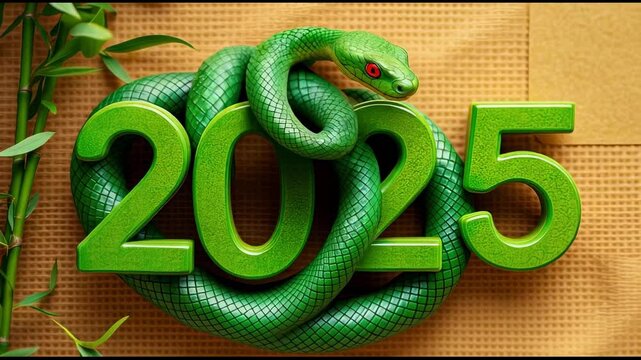 2025 Numbers Entwined with Vibrant Green Snake: Symbolic New Year Concept with Nature Elements on Textured Background