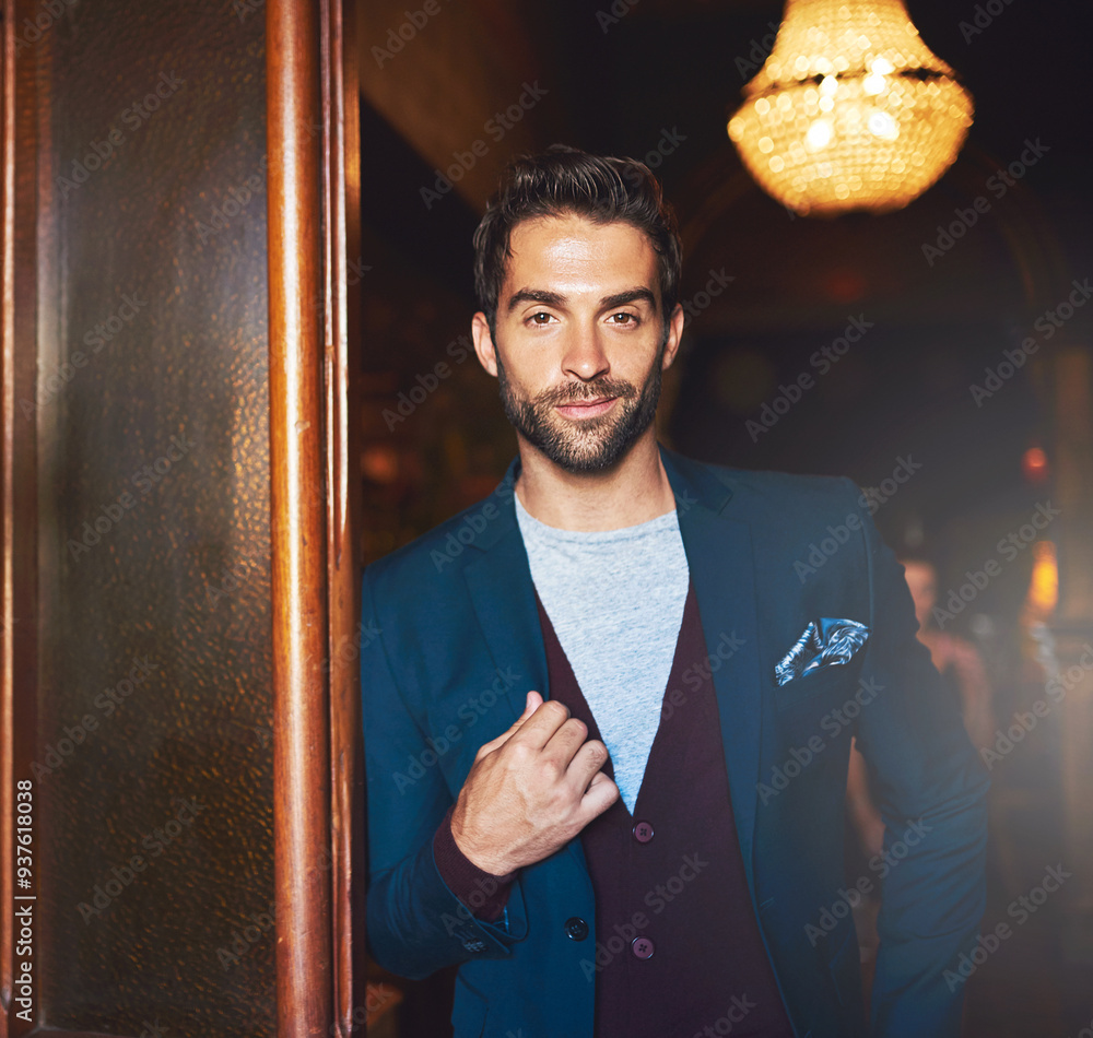 Sticker Confident, smile and portrait of businessman in bar for hospitality industry, career and job. Nightclub, door and owner with pride in restaurant for professional, service and entrepreneurship