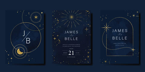 Luxury invitation card design vector set. Elegant wedding card with little star moon sun and space decorative on watercolor navy blue background. Design illustration for cover, poster, gala.