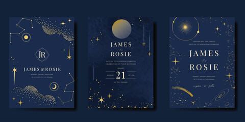 Luxury invitation card design vector set. Elegant wedding card with little star moon sun and space decorative on watercolor navy blue background. Design illustration for cover, poster, gala.