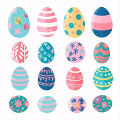 5. Assorted colorful Easter eggs, pastel shades, decorated with diverse patterns including stripes, dots, floral designs, swirls, geometric shapes, eggs in blue, pink, yellow, green, lined up in