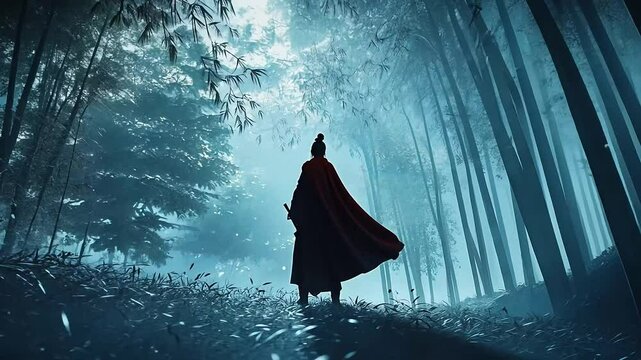 Anime-inspired samurai with sword standing in a mystical bamboo forest, mist, cinematic