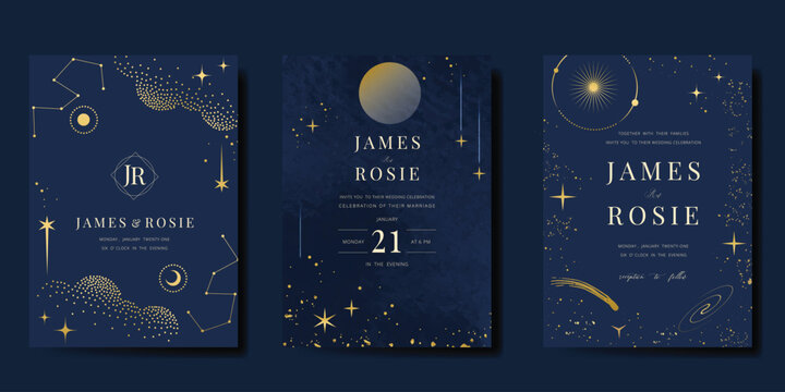 Luxury invitation card design vector set. Elegant wedding card with little star moon sun and space decorative on watercolor navy blue background. Design illustration for cover, poster, gala.