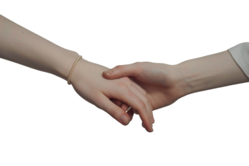 Close up of two hands holding each other, isolated on white background, handshake between two people, holding hands