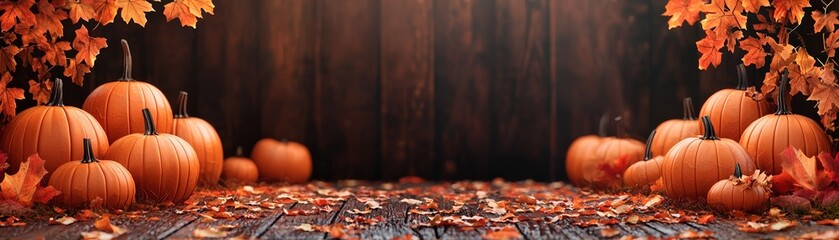Warm autumn scene featuring vibrant pumpkins and colorful leaves, perfect for seasonal decor and festive celebrations.