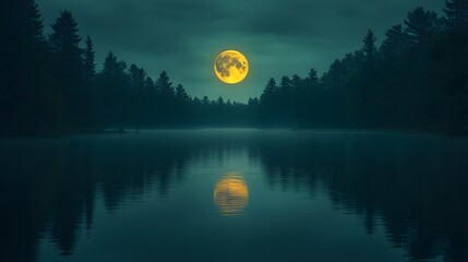 A peaceful moonlit lake surrounded by dark trees, with the glowing full moon reflecting on the still water, creating a quiet and mysterious night atmosphere in nature