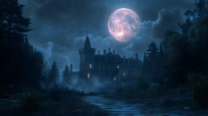Enchanting Full Moon Illuminating a Mysterious Castle in the Misty Forest Creating a Gothic and Magical Nighttime Scene Perfect for Fantasy and Atmospheric Photography