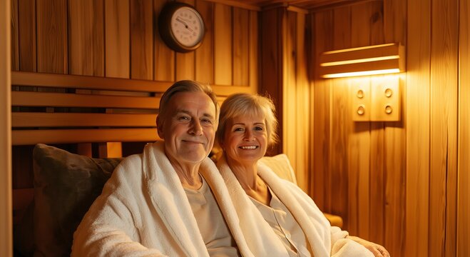 Senior couple enjoying a spa sauna together, sitting in a warm wooden sauna room, with relaxed and content expressions, reflecting the benefits of wellness, relaxation, and shared self-care