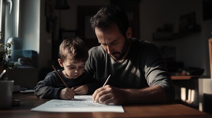 Fototapeta premium father with small son sitting at table indoors, making homework in the table. copy space for text.