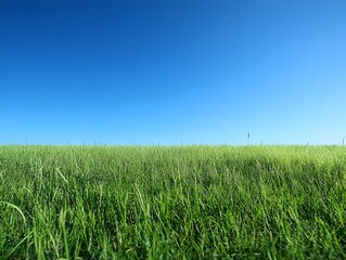 Fototapeta premium Vast Expansive Green Meadow Under Bright Blue Cloudless Sky in Early Morning
