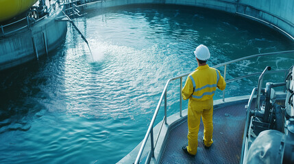 Industrial workers in hard hats walking through water treatment plant or aeration tank in wastewater and sewage treatment plant, industrial water recycling and purification