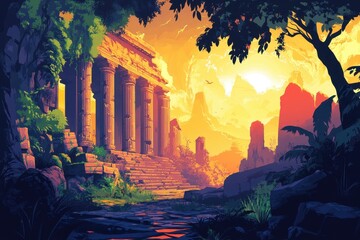Ancient Ruins and Lush Greenery at Sunset