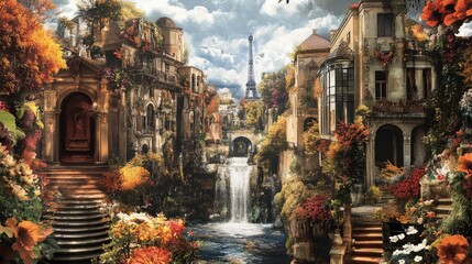 Fototapeta premium Beautiful collage with access to the Paris, the ancient houses of Italy, flowers and waterfalls. Digital collage , mural and fresco. Wallpaper. Poster design. Modular panno , ai