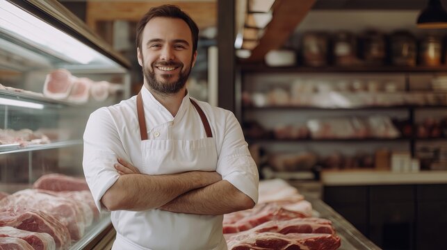 Friendly butcher stands confidently at the meat counter, wearing an apron and a warm smile, showcasing fresh cuts of meat, creating a welcoming and professional atmosphere in a traditional butcher sho
