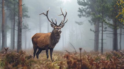 Fototapeta premium Red Deer in Forest: Red deer in a foggy morning forest.