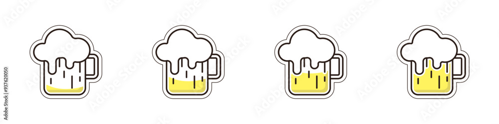 Poster set of linear beer glasses vector. beer icons set. bottles with filling from minimum to maximum. bot