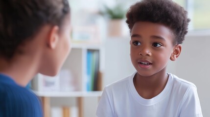 Therapist working with a young boy using picture cards in a calm and supportive setting, focusing on communication and development, creating a nurturing environment for therapeutic progress.