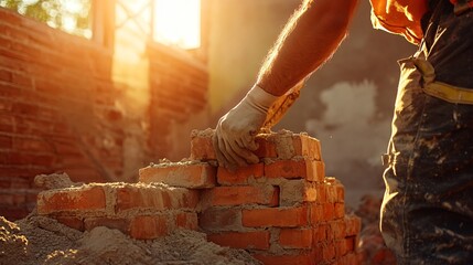 Fototapeta premium Builder applying mortar to bricks in a partially constructed home sunlight casting shadows