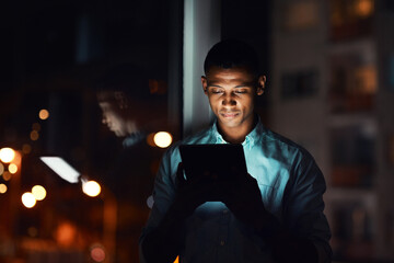 Business man, tablet and night in office with deadline and social media project with digital...
