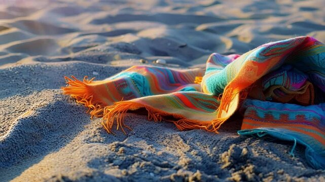Vibrant mexican blanket with colorful patterns and fringe lays on a warm sandy beach on a sunny day, adding a touch of traditional culture to a relaxing summer vacation by the ocean