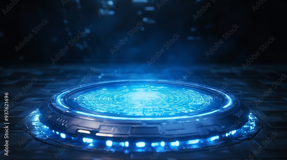 Poster blue hologram portal magic fantasy portal magic circle teleport podium with hologram effect abstract