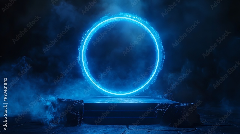 Poster blue hologram portal magic fantasy portal magic circle teleport podium with hologram effect abstract