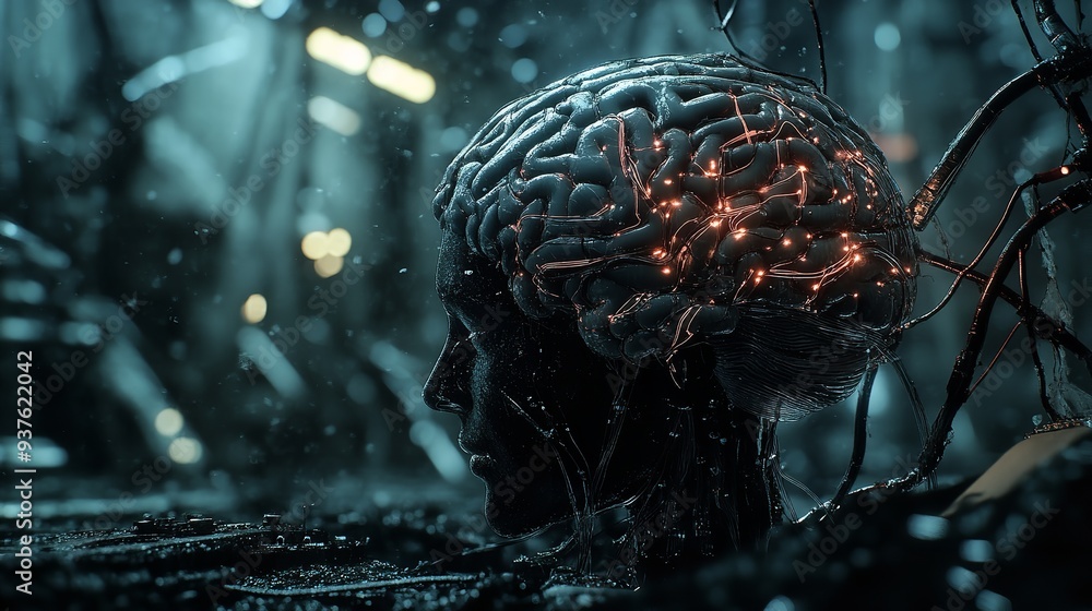Poster artificial intelligence artificial brain with neural networks futuristic landscape