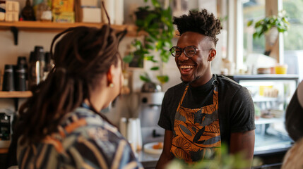 Obraz premium LGBTQ Small Business Owner Talks with Customers and Provides Product Recommendations With a good-humoured, smiling face