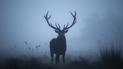 Red Deer Stag Silhouette: Red deer stag silhouette in the mist.