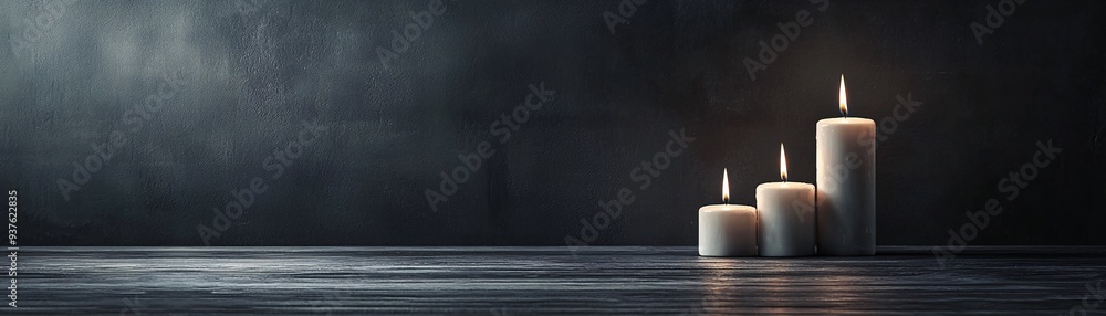 Poster a gothic-style candelabra with flickering candles sits on a dark wooden table, surrounded by shadows