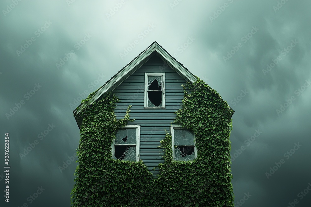 Poster a haunted gothic house with broken windows and overgrown ivy, set against a dark, stormy sky. the im