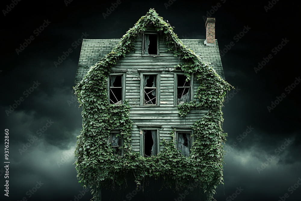 Poster a haunted gothic house with broken windows and overgrown ivy, set against a dark, stormy sky. the im