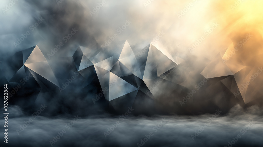 Poster abstract 3d rendering of jumbled low poly stone and concrete textures, polygonal pyramids and fog. e