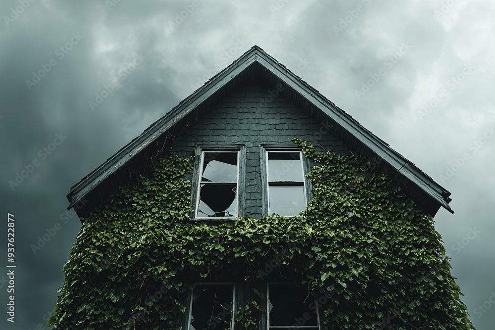 Poster a haunted gothic house with broken windows and overgrown ivy, set against a dark, stormy sky. the im