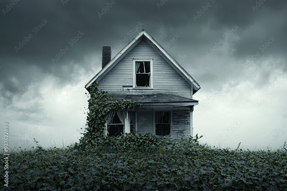 Poster a haunted gothic house with broken windows and overgrown ivy, set against a dark, stormy sky. the im