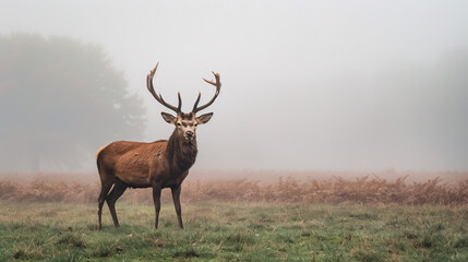 Obraz premium Red Deer with Big Antlers: Red deer with big antlers standing on a meadow in a foggy morning.